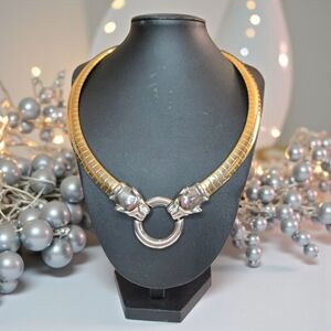 Vintage 1980's Chunky Gold Omega 2 Tone Panther Head Doorknocker Necklace